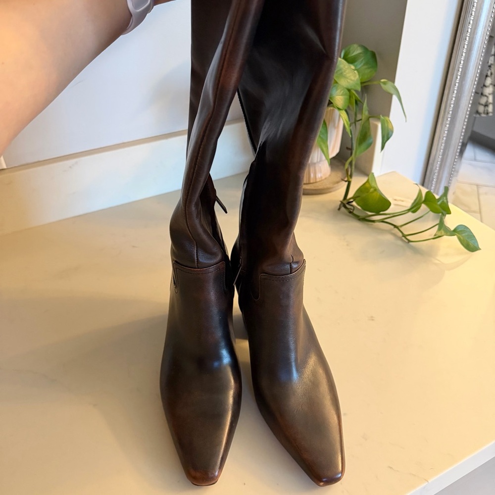 Vince Camuto Dark Brown Leather Knee-High Heeled Boots - Picture 3 of 7